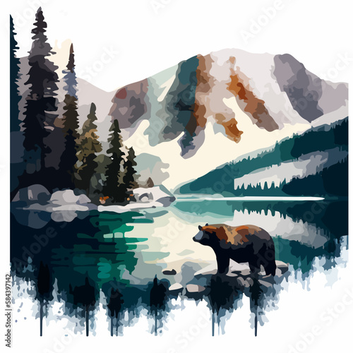 WATER COLOR BEAR IN NATURE WITH LAKE AND MOUNTAIN ALASKA BACKGROUND