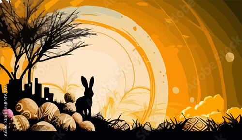 Happy Easter Day Design with Hanging Colorful Painted Realistic Eggs and Cute Bunny Vector