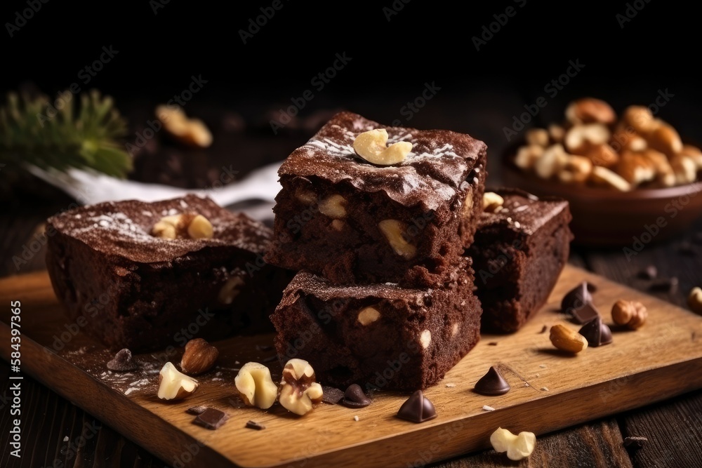 Chocolate cake brownie with nuts on a wooden plate. Generative AI illustration.
