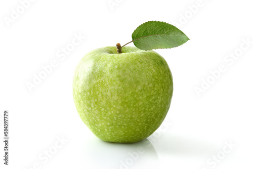 Green apple with leaf on white table and isolated background