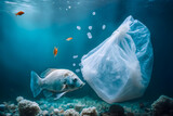 Fish and plastic bag, pollution waste ocean concept. Environmental problem. Generation AI