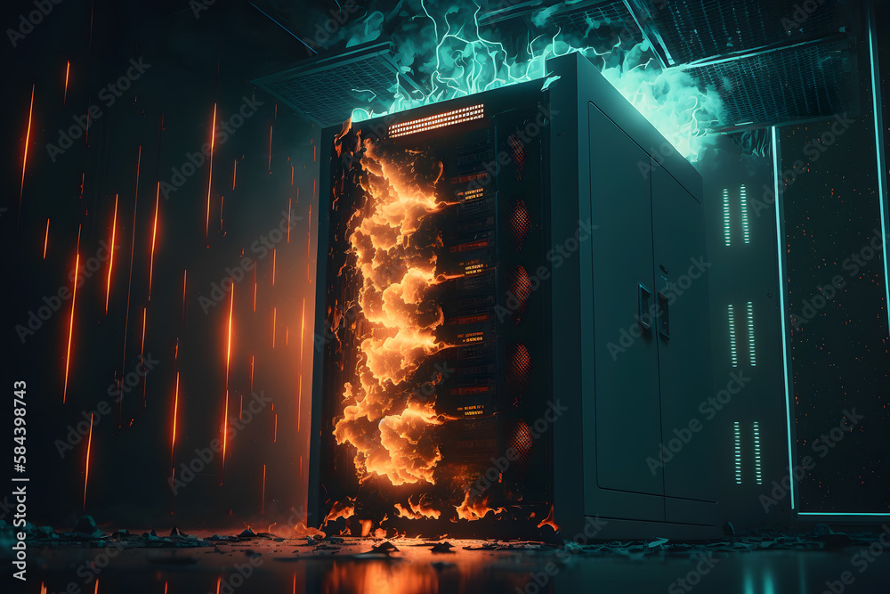 Server room Burning. Data center and technology in fire