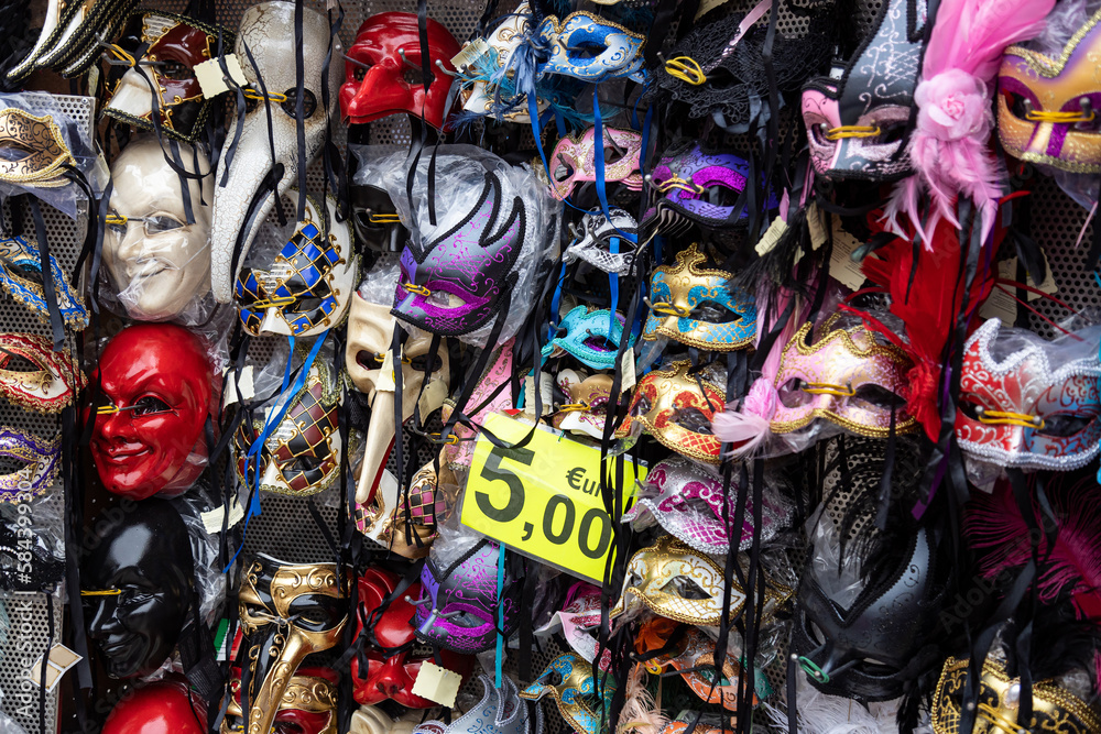 Venice carnival masks outside the souvenir store during 2023 carnival