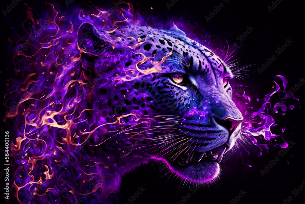 Close up of purple and black leopard's face with flames coming out of it. Generative AI.