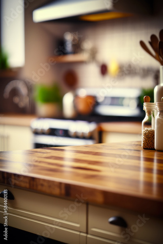 Two salt shakers sitting on top of wooden counter in kitchen. Generative AI.