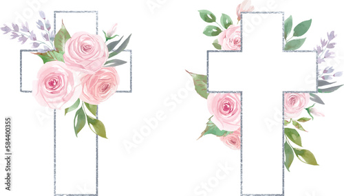 Vector Watercolor Easter cross clipart. Floral crosses illustration, Easter painted cross, Christian vector Cross made of green leaves and roses. PNG crosses, Festive Holidays, spring.