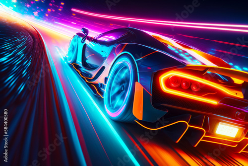 Car driving through tunnel with neon lights on the side of it. Generative AI.