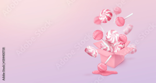 Banner with realistic falling pink glossy lollipop and candies on a stick in the box. Look like 3d rendering. Vector illustration for card, party, design, flyer, poster, web, advertising.