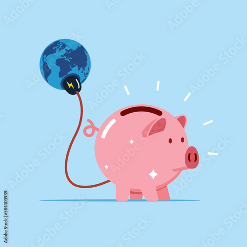 Pink piggy bank with electric plug sucking energy. Modern vector illustration in flat style