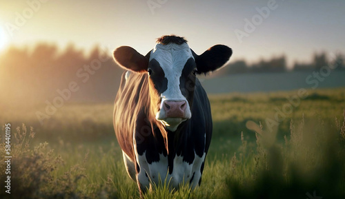 cow at green field portrait at sunrise sunset new quality stock image animal illustration desktop wallpaper design, Generative AI photo