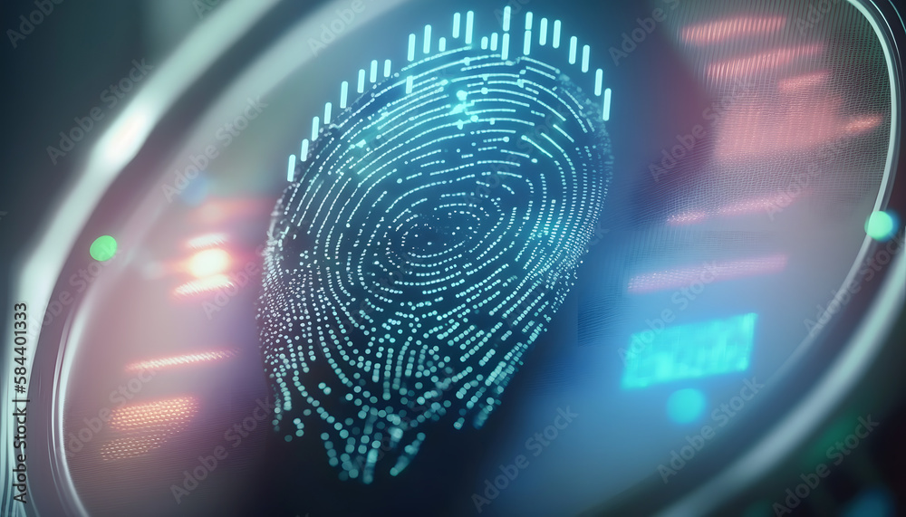 Security system with fingerprint on cyber technology neon background. Concept Protect crypto safe bank data. Generation AI Security system with fingerprint on cyber technology neon background. Concept Protect crypto safe bank data. Generation AI