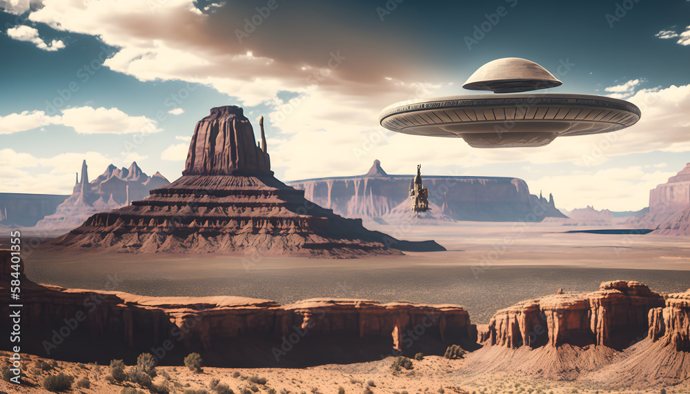 Alien UFO spaceship fly above Grand Canyon, Arizona desert USA, Zone 51 with sun light. Generation AI Alien UFO spaceship fly above Grand Canyon, Arizona desert USA, Zone 51 with sun light. Generation AI