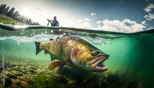 Sport fishing man and Predatory fish salmon trout in habitat under water, action photo. Generation AI