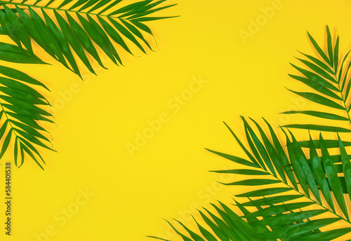 Tropical palm leaves frame on yellow background. Flat lay with copy space 