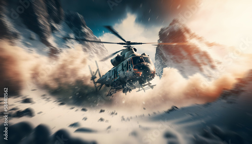 Accident helicopter crashed in mountains snow winter. Generation AI