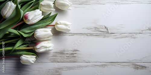 tulips on a bright wood ground with copyspace, mockup,  generative ai photo