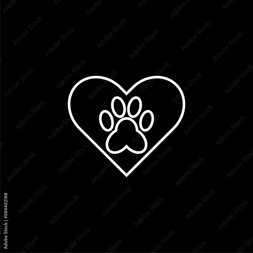 Heart with animals footprint icon isolated on black background. Pet paw in heart. Heart with animals footprint icon isolated on black background. Pet paw in heart.
