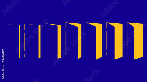 Opening doors set. Stages of opening the door. Light from an open door. Design for banners, posters and promotional items. Vector illustration