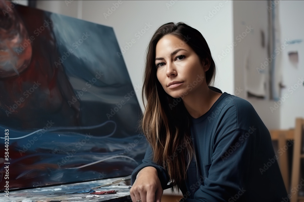 © OPPERMAN - Woman contemporary artist posing in her studio. Generative AI. © OPPERMAN - Woman contemporary artist posing in her studio. Generative AI.