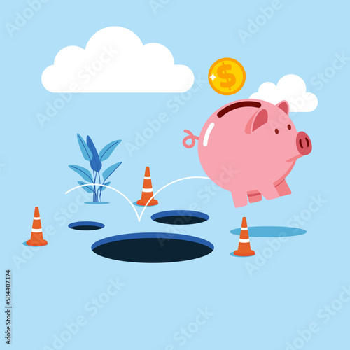 Pink piggy bank with coin. Avoid pitfall, mistake and failure. Modern vector illustration in flat style