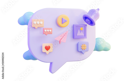 social media speech bubble communication notification bell icon white background 3d render concept