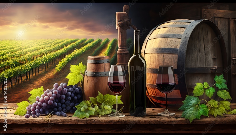 Bottles and Wineglasses with Grapes and Barrel in a Vineyard Setting