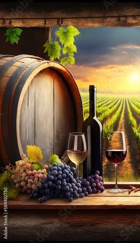 Bottles and Wineglasses with Grapes and Barrel in a Vineyard Setting
