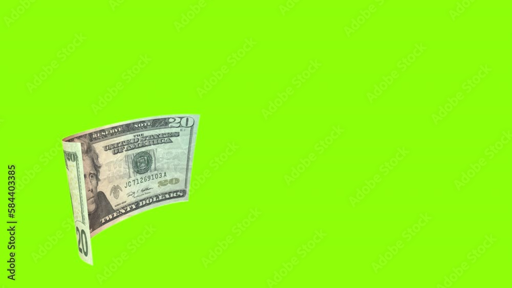 A twenty-dollar bill falling down in 3D animation video on green screen ready to chroma key		