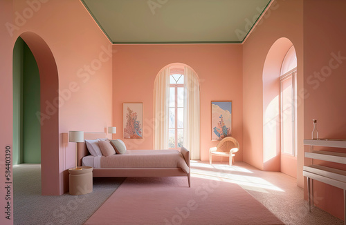 Generative AI illustration of a heavenly bedroom made of light pastel colors wool yarn, heathland, complementary color scheme