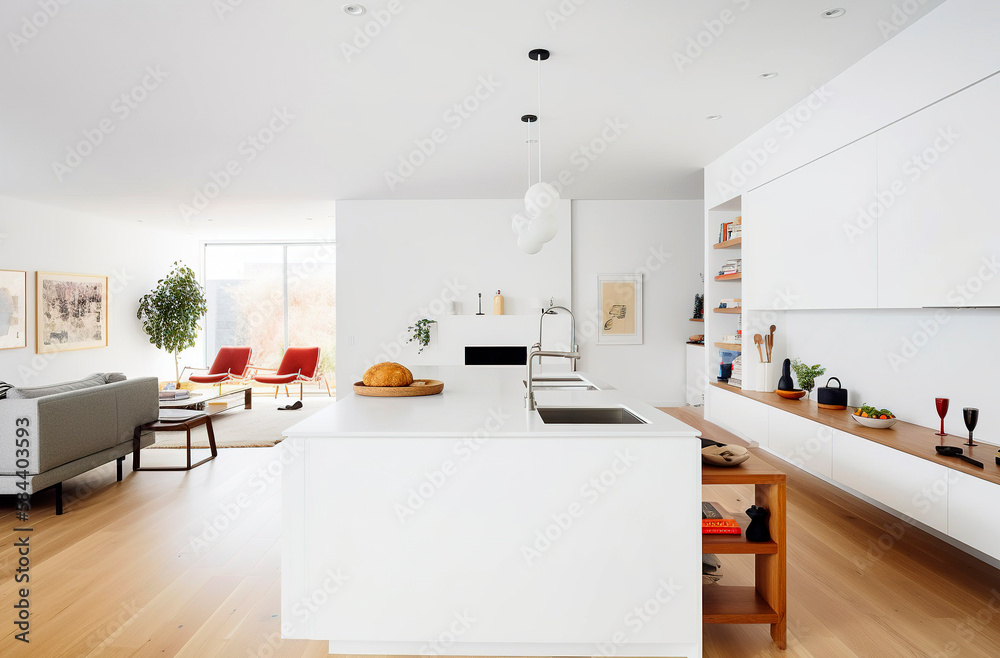 Generative AI illustration of a dining room with an open kitchen and ...