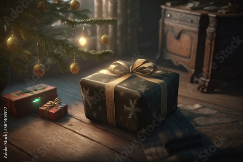 Christmas gifts on the floor near the Christmas tree. AI generative. © Iaroslav