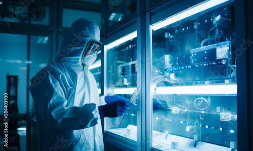 Scientist wearing protective suit, glasses and mask stands in front of the innovative equipment. Futuristic science laboratory concept. Generative AI.