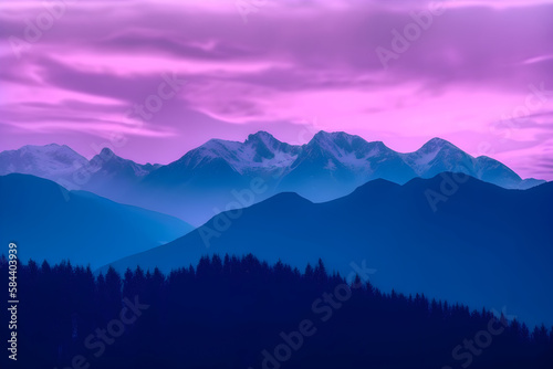 Purple sunset in the mountains. Generative AI.