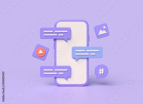 3d mobile phone with chat on screen, video player and images icon, hashtag icon. the concept of communication in social networks. digital marketing. illustration on purple background. 3d rendering