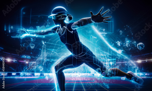 Female sportswoman spread her arms to the sides. Athlete in helmet and glasses on the stadium. Futuristic abstract neon lines and figures around. Generative AI. © Vadim