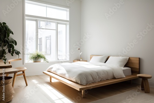 A serene and minimalist bedroom with a platform bed, white bedding, and a simple wooden headboard, featuring a neutral color palette and plenty of natural light. Empty wall