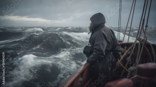 Tela A solitary sailor bravely navigating treacherous waters during a tempest