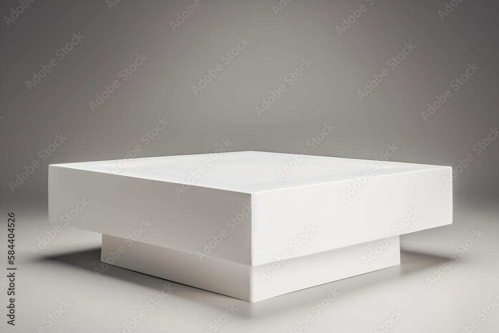 White plaster square platform, empty smooth podium in studio on gray background. Generative AI White plaster square platform, empty smooth podium in studio on gray background. Generative AI