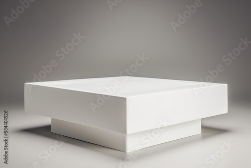White plaster square platform, empty smooth podium in studio on gray background. Generative AI © Sergio