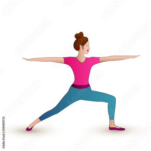 Red hair girl doing Virabhadrasana yoga posture. Slim woman in hatha yoga warrior pose.