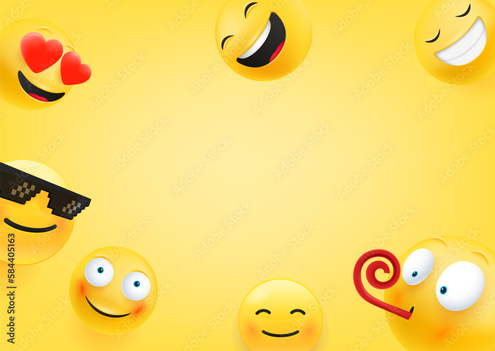 Fototapeta premium Different happy emojis. 3d vector banner with copy space