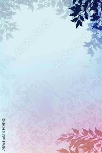 Misty Blue Light Pink Background Silhouettes Leafy Branches Vertical Mobile Postcard. Generative AI