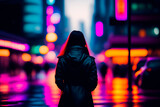 A silhouette of a girl wearing a leather coat on a blurred street with neon lights. Generative AI.