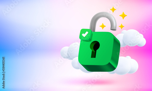 Opened padlock concept. 3d vector banner with copy space