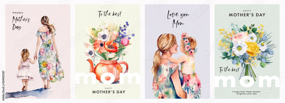 Set of Mothers Day card with cute  trendy watercolor illustrations of mom and daughter, bouquet of spring flowers, modern typography and holiday wishes. Mothers day templates for poster, cover, banner - obrazy, fototapety, plakaty 