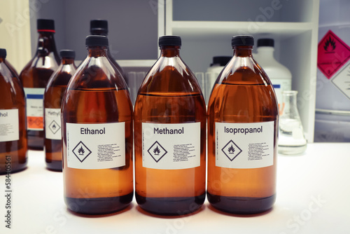 Ethanol, Methanol, Isopropanol in glass, Hazardous chemicals and symbols on containers in industry