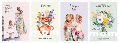 Set of Mothers Day card with cute  trendy watercolor illustrations of mom and daughter, bouquet of spring flowers, modern typography and holiday wishes. Mothers day templates for poster, cover, banner photo