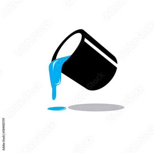 blue paint pouring from bucket isolated on white background