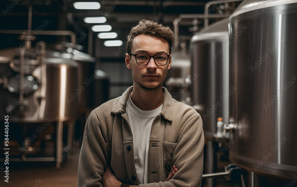 Portrait of brewer in interior of modern brewery. Generative AI illustration