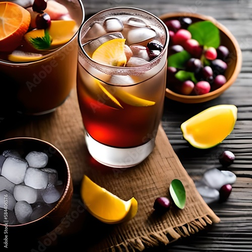 ramadhan decoration Iced TEA IN A GLASS AND FRUITS in a large wooden table